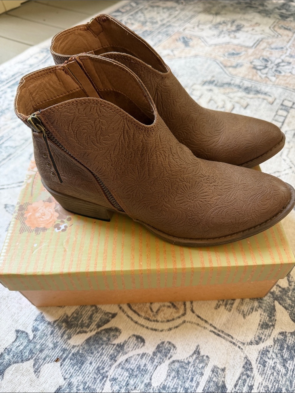 Very G Brown Floral-Embossed Ankle Booties with Side Zip